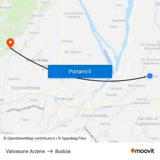 Valvasone Arzene to Budoia map
