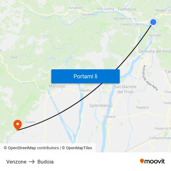 Venzone to Budoia map