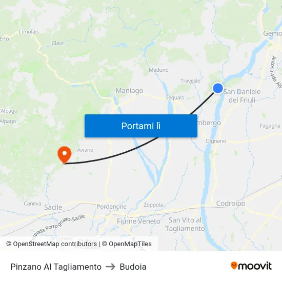 Pinzano Al Tagliamento to Budoia map