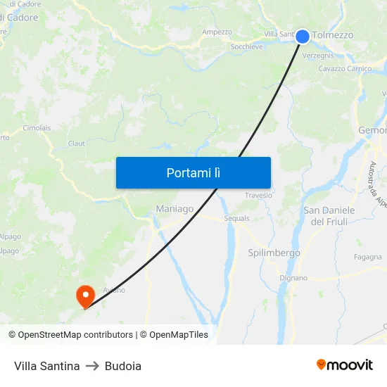 Villa Santina to Budoia map