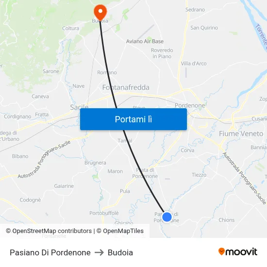 Pasiano Di Pordenone to Budoia map