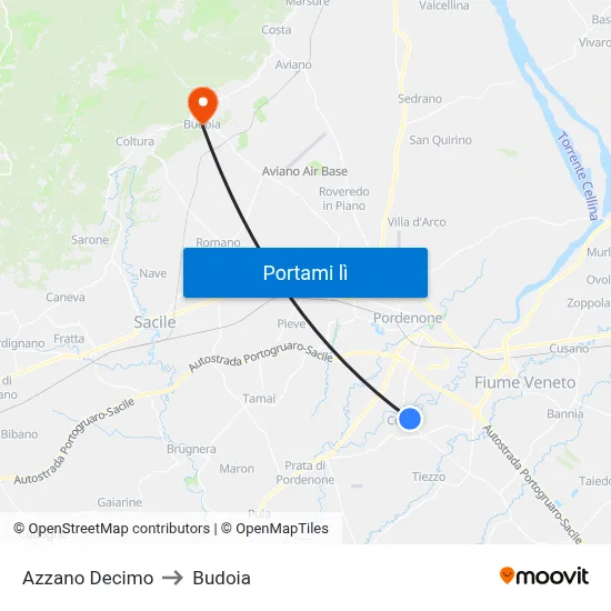 Azzano Decimo to Budoia map