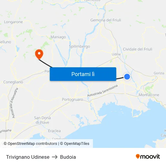 Trivignano Udinese to Budoia map
