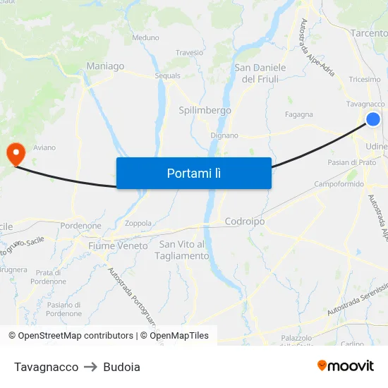 Tavagnacco to Budoia map
