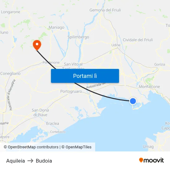 Aquileia to Budoia map