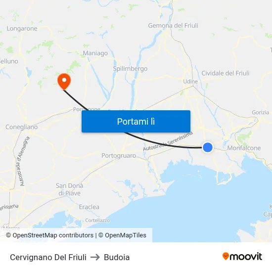 Cervignano Del Friuli to Budoia map