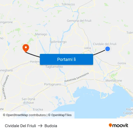 Cividale Del Friuli to Budoia map