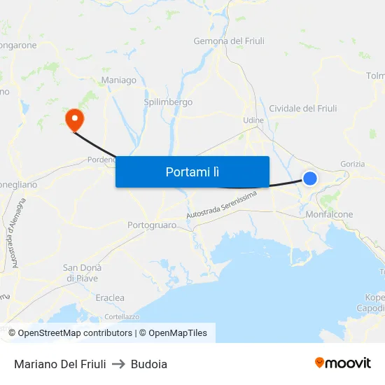 Mariano Del Friuli to Budoia map