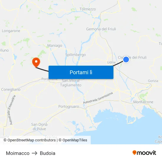 Moimacco to Budoia map