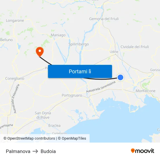 Palmanova to Budoia map