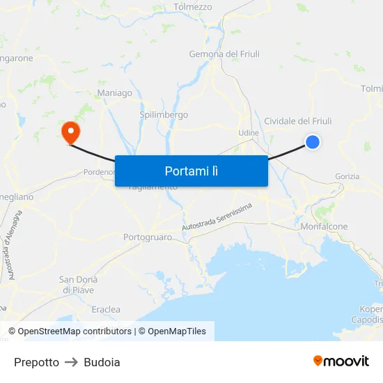 Prepotto to Budoia map
