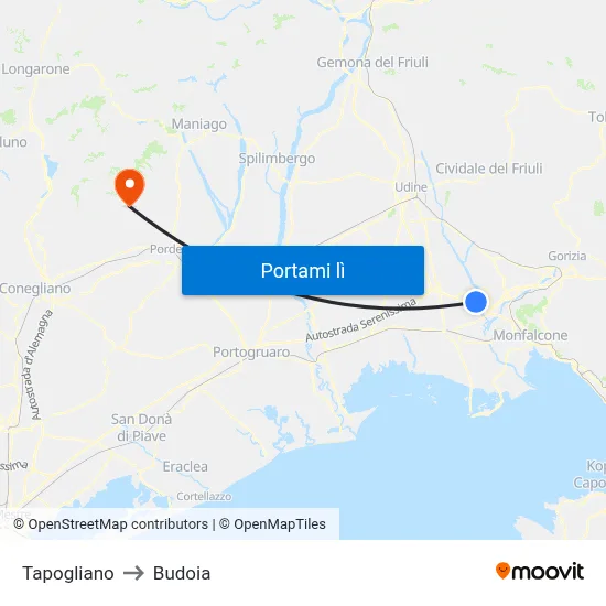 Tapogliano to Budoia map