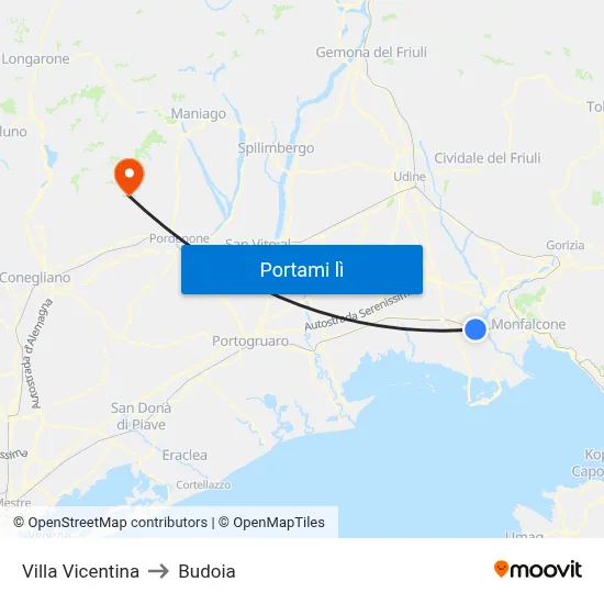 Villa Vicentina to Budoia map
