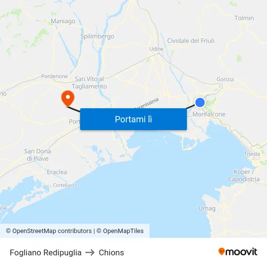 Fogliano Redipuglia to Chions map