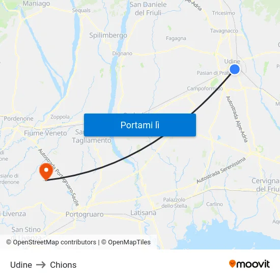 Udine to Chions map