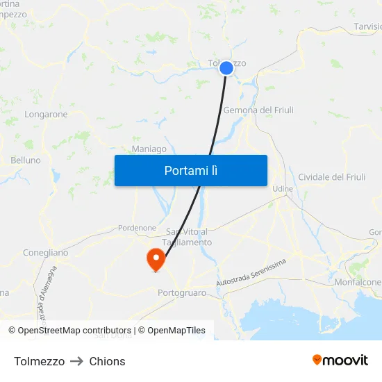 Tolmezzo to Chions map