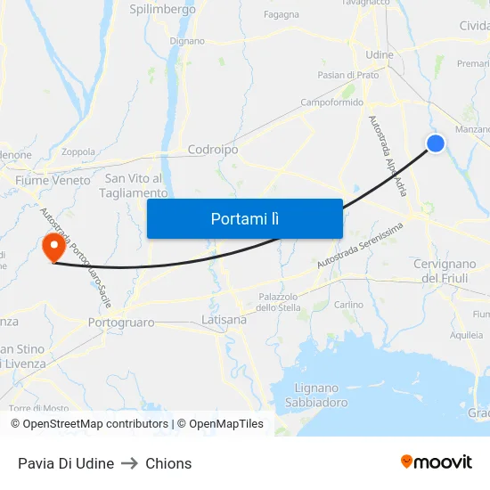 Pavia Di Udine to Chions map