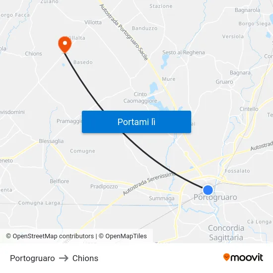 Portogruaro to Chions map
