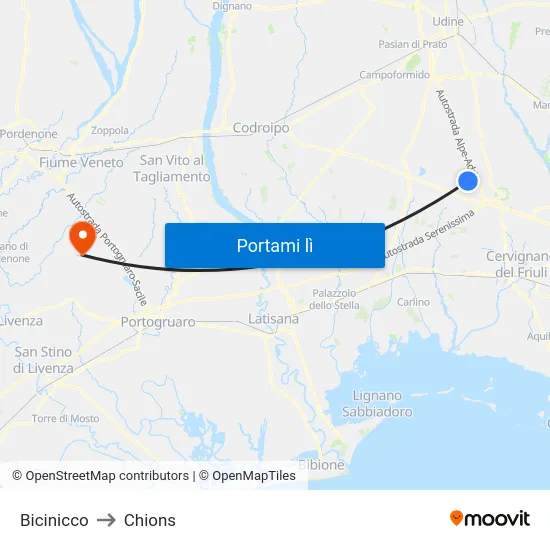 Bicinicco to Chions map