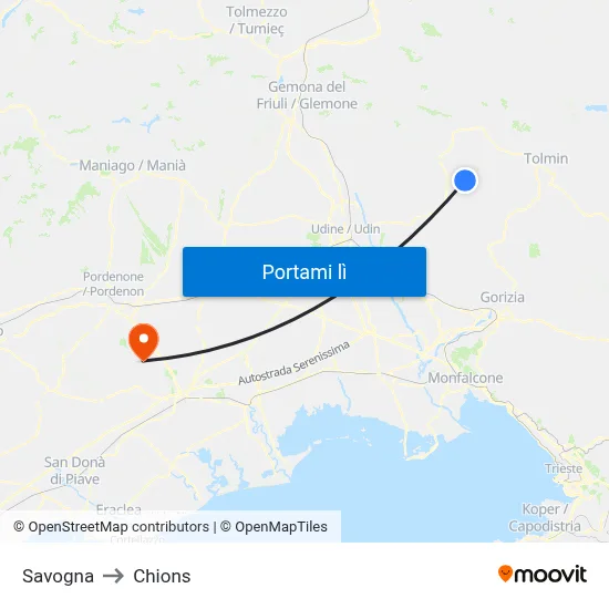 Savogna to Chions map