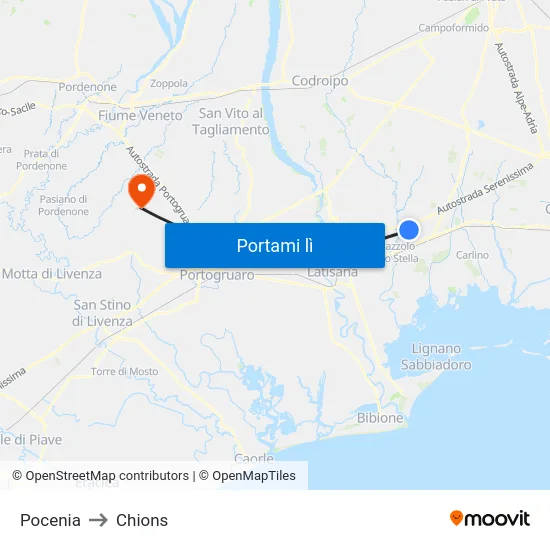 Pocenia to Chions map