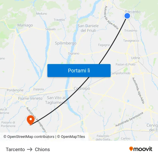 Tarcento to Chions map