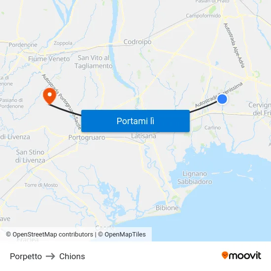 Porpetto to Chions map