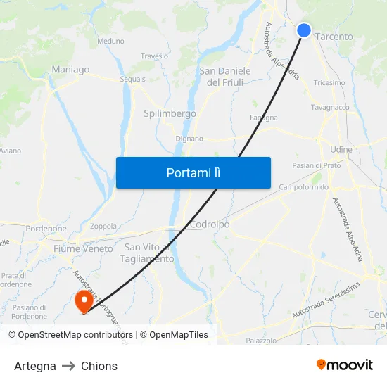 Artegna to Chions map