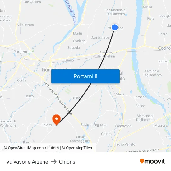 Valvasone Arzene to Chions map