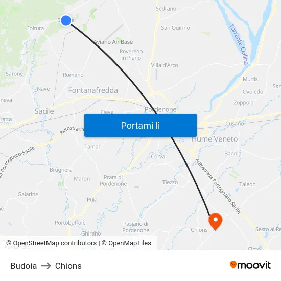 Budoia to Chions map