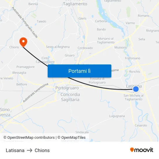 Latisana to Chions map