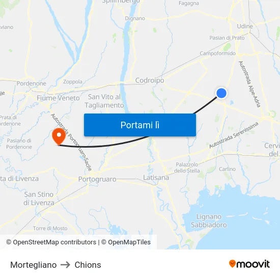 Mortegliano to Chions map