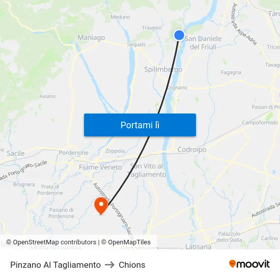 Pinzano Al Tagliamento to Chions map