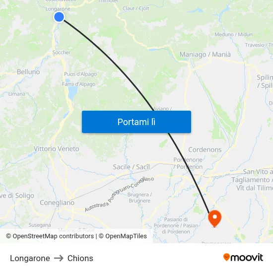 Longarone to Chions map