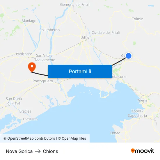 Nova Gorica to Chions map