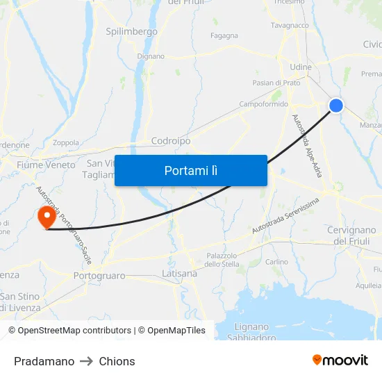 Pradamano to Chions map
