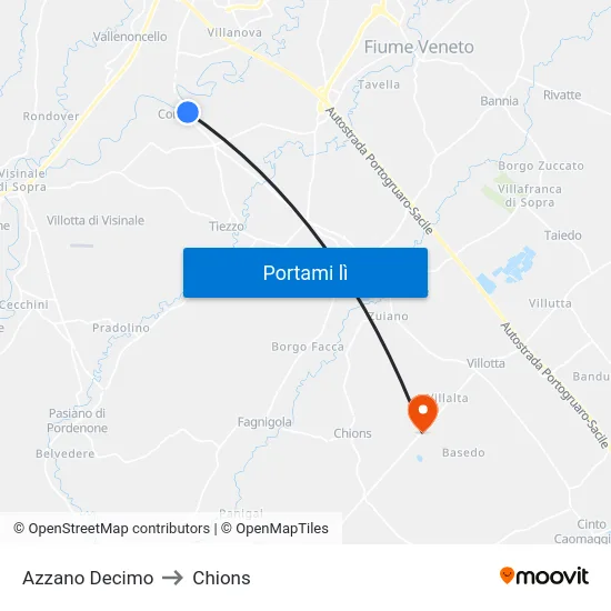 Azzano Decimo to Chions map