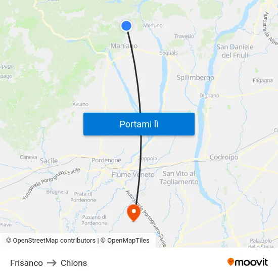 Frisanco to Chions map