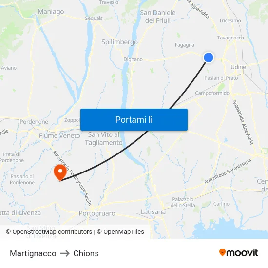 Martignacco to Chions map