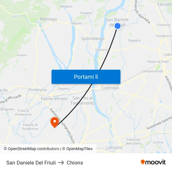 San Daniele Del Friuli to Chions map
