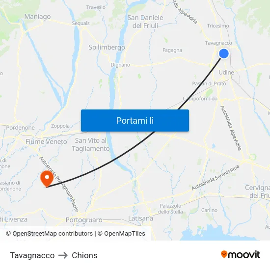 Tavagnacco to Chions map