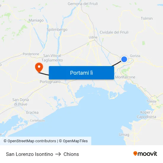 San Lorenzo Isontino to Chions map
