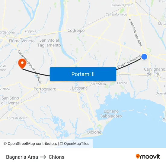 Bagnaria Arsa to Chions map