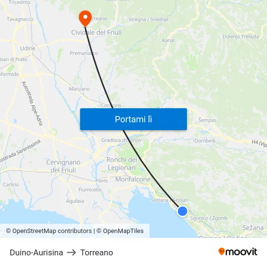Duino-Aurisina to Torreano map