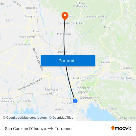 San Canzian D' Isonzo to Torreano map