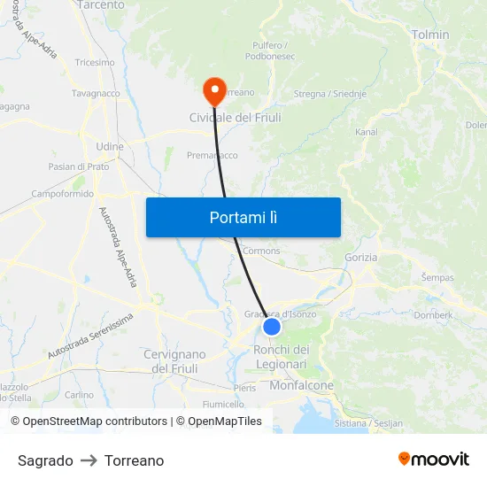 Sagrado to Torreano map