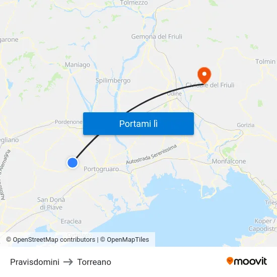 Pravisdomini to Torreano map