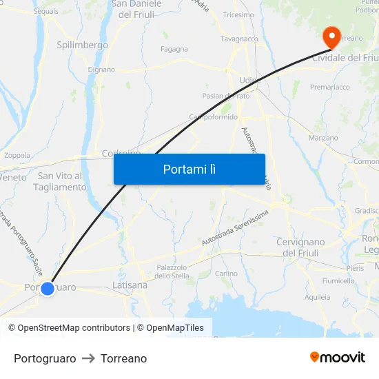 Portogruaro to Torreano map
