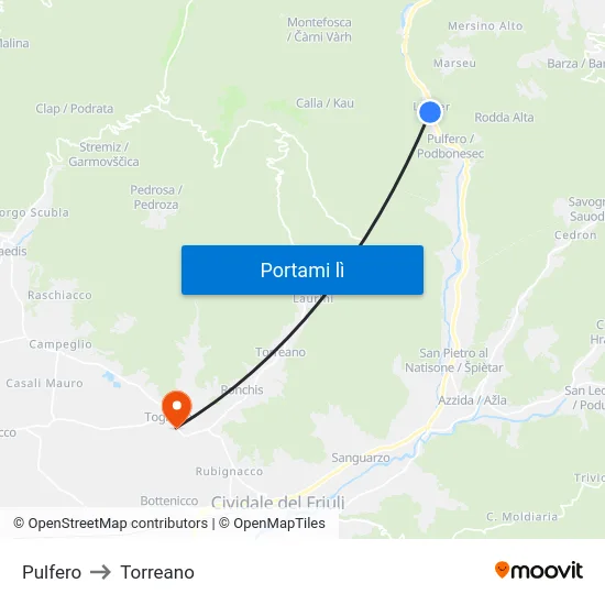 Pulfero to Torreano map