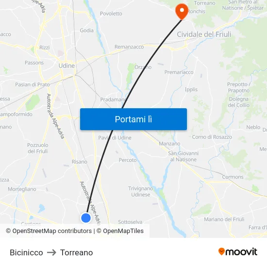 Bicinicco to Torreano map